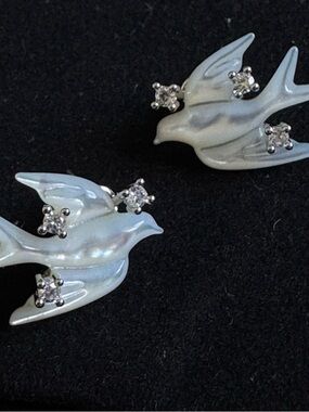 Iridescent Dove Earrings with Simulated Diamonds - White